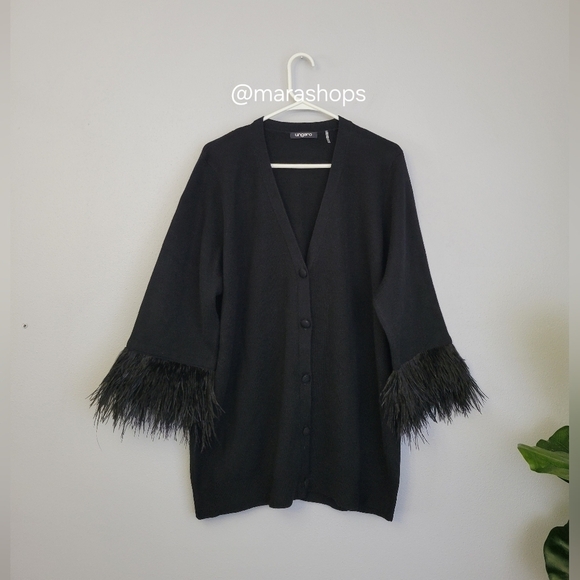 UNGARO Sweaters - UNGARO Loni Feather-cuff Black Knit Cardigan